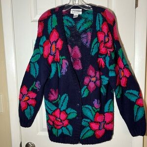 IZOD Vintage Hand knit cardigan sweater v neck floral cotton ramie button up Med